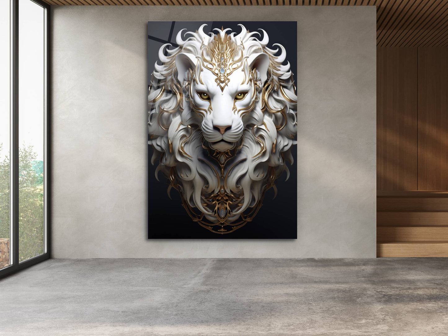 Gold Detaylı Beyaz Aslan Portresi – Fantastik Cam Tablo - Dekoratif Tablo