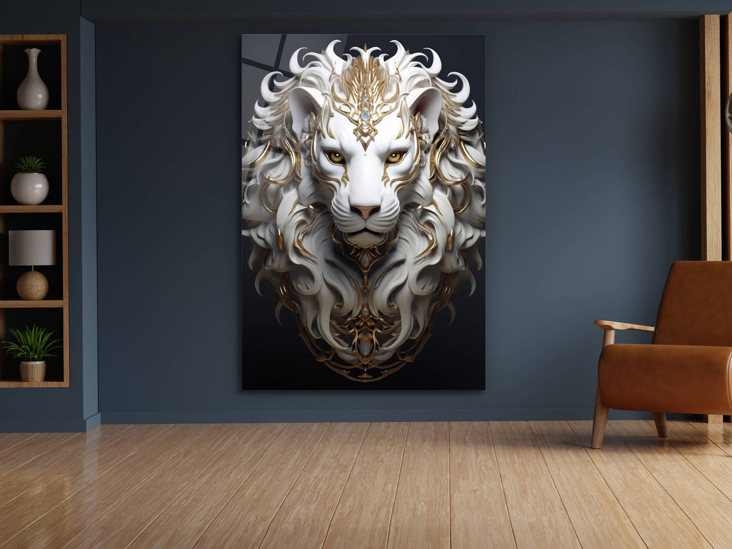 Gold Detaylı Beyaz Aslan Portresi – Fantastik Cam Tablo - Dekoratif Tablo