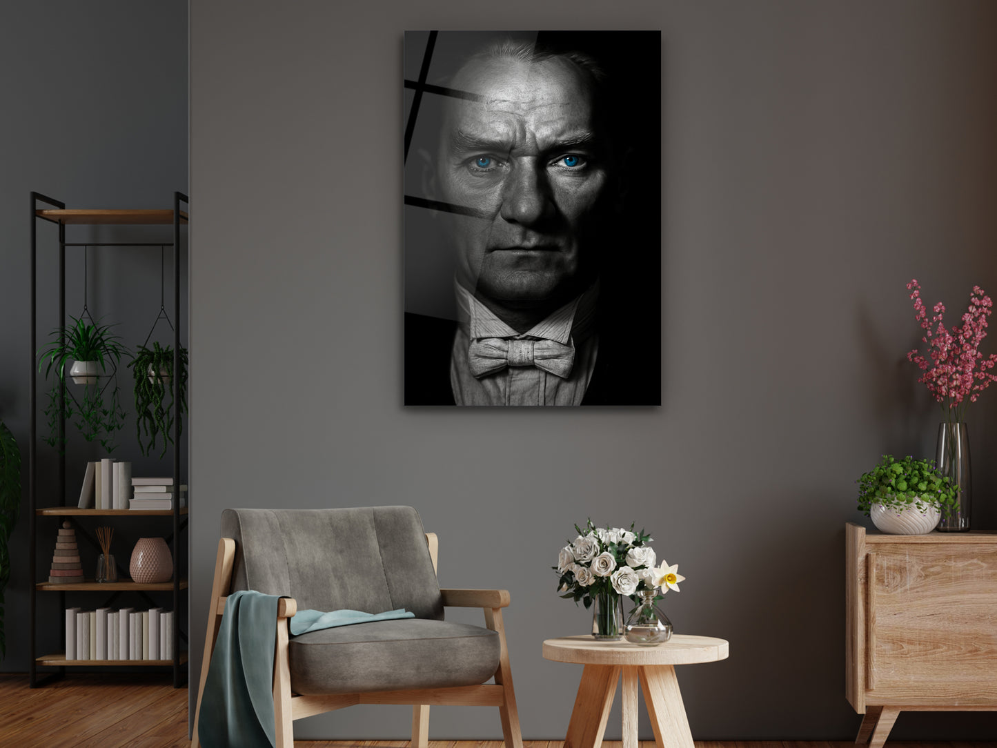 Mavi Gözlü Atatürk Portresi Siyah Beyaz Cam Tablo – Atatürk Tablosu - Modern Ev ve Ofis Dekoru