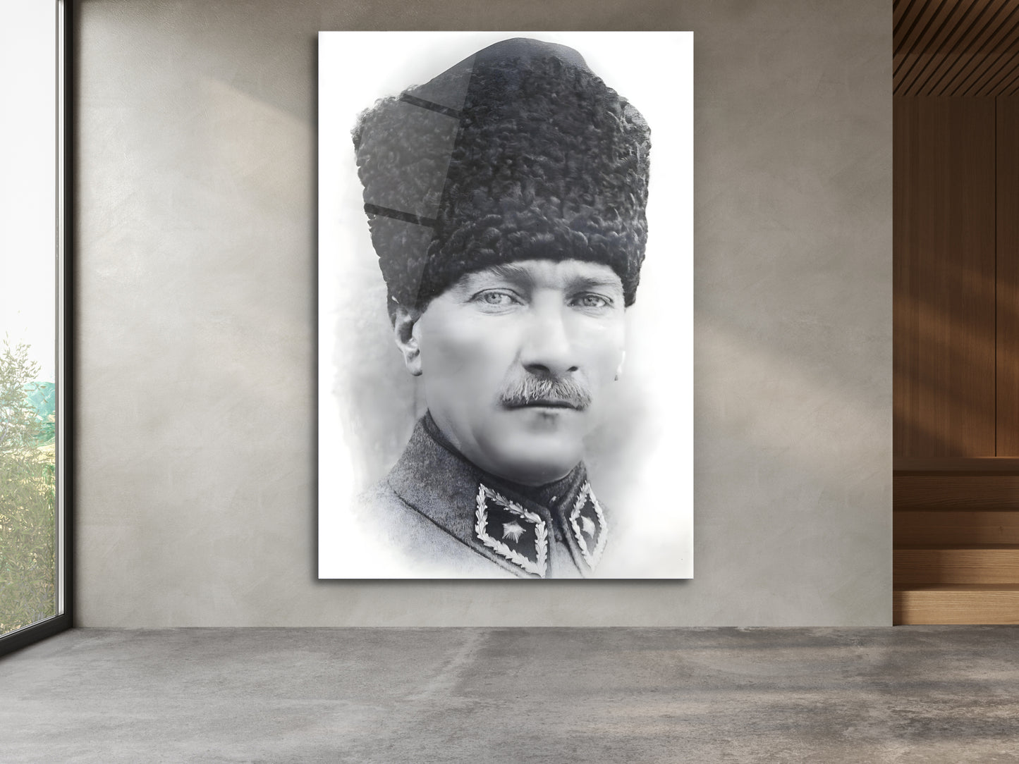 Siyah Beyaz Mustafa Kemal Atatürk Portresi Cam Tablo – Atatürk Tablosu - Modern Ev ve Ofis Dekoru