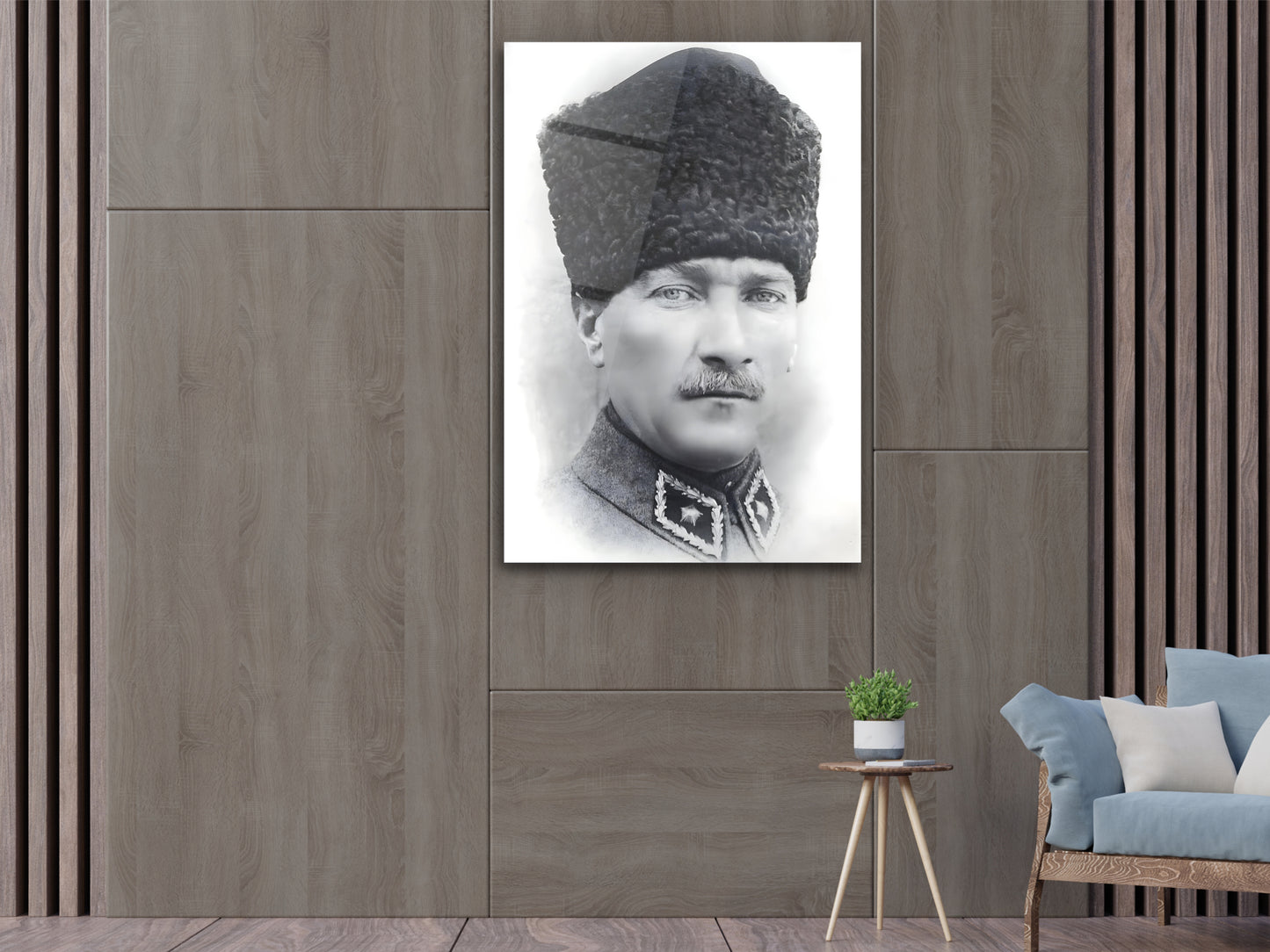 Siyah Beyaz Mustafa Kemal Atatürk Portresi Cam Tablo – Atatürk Tablosu - Modern Ev ve Ofis Dekoru