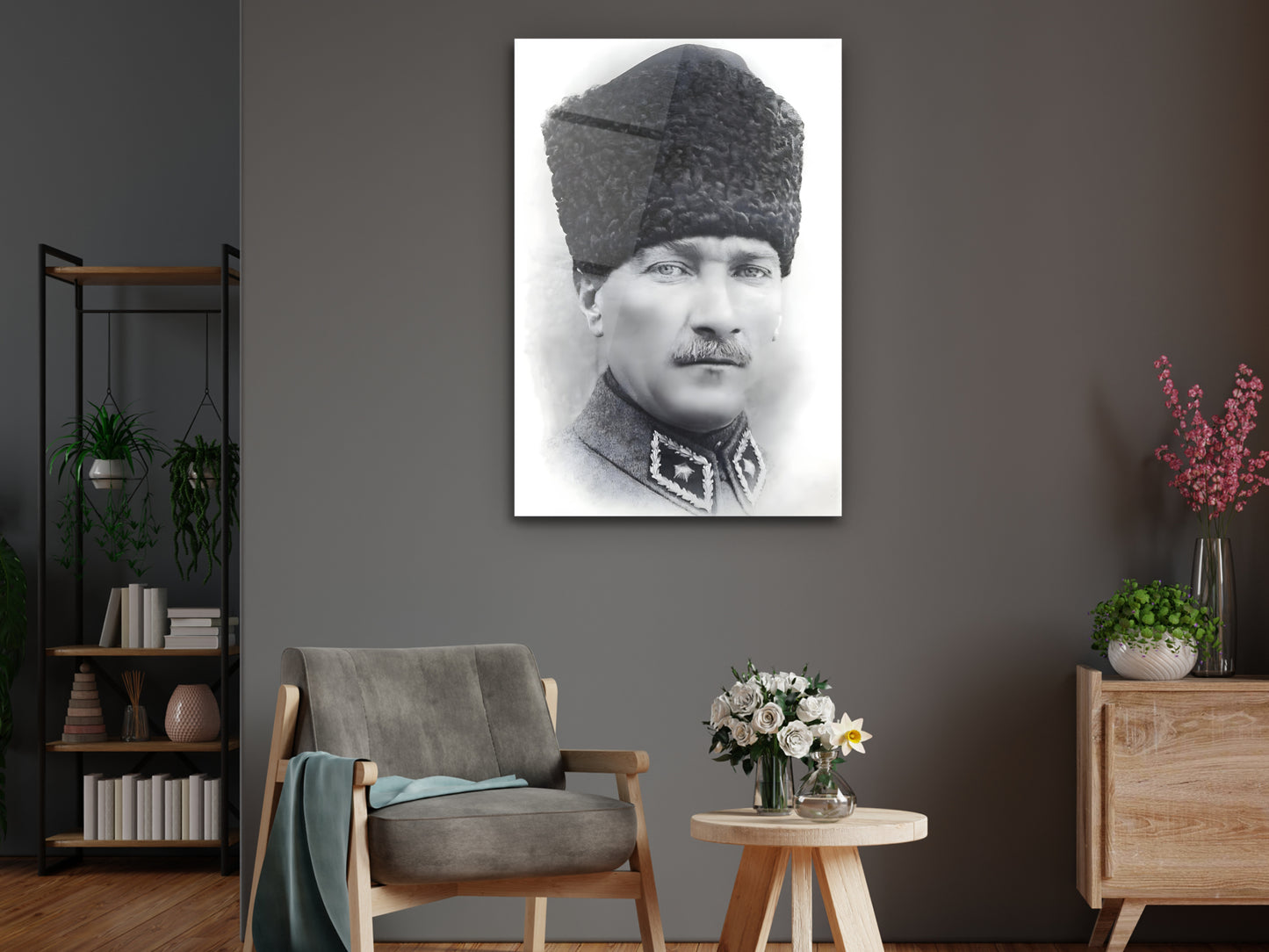 Siyah Beyaz Mustafa Kemal Atatürk Portresi Cam Tablo – Atatürk Tablosu - Modern Ev ve Ofis Dekoru