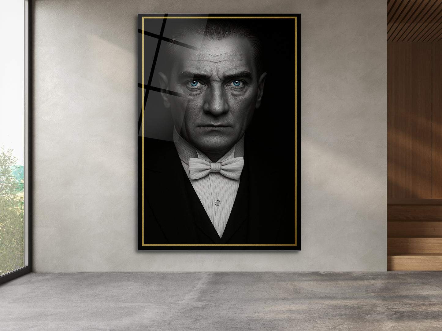 Mavi Gözlü Atatürk Cam Tablo – Gold Çerçeveli Klasik Takım Elbiseli Atatürk Tablosu- Modern Ev ve Ofis Dekoru
