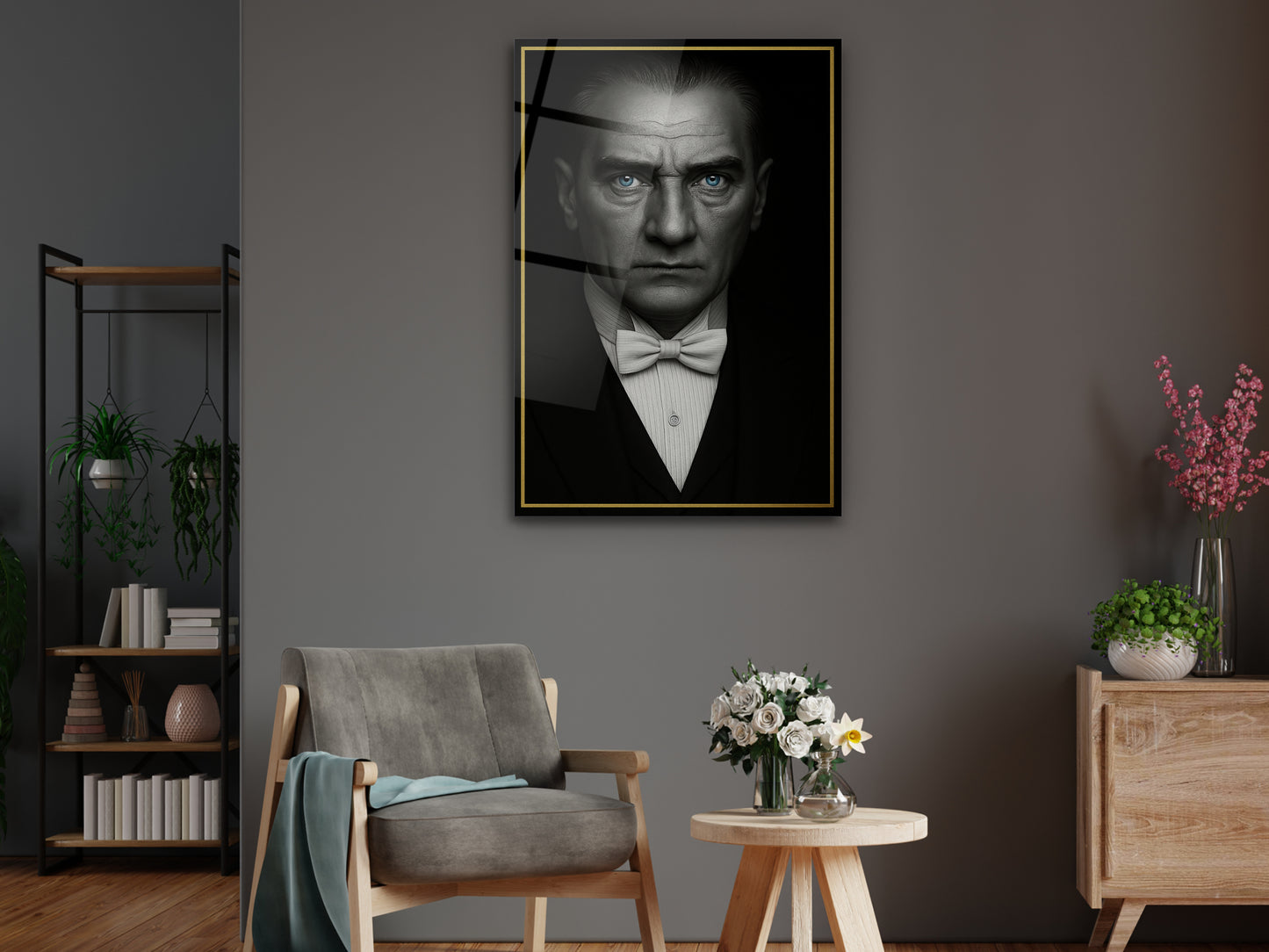 Mavi Gözlü Atatürk Cam Tablo – Gold Çerçeveli Klasik Takım Elbiseli Atatürk Tablosu- Modern Ev ve Ofis Dekoru