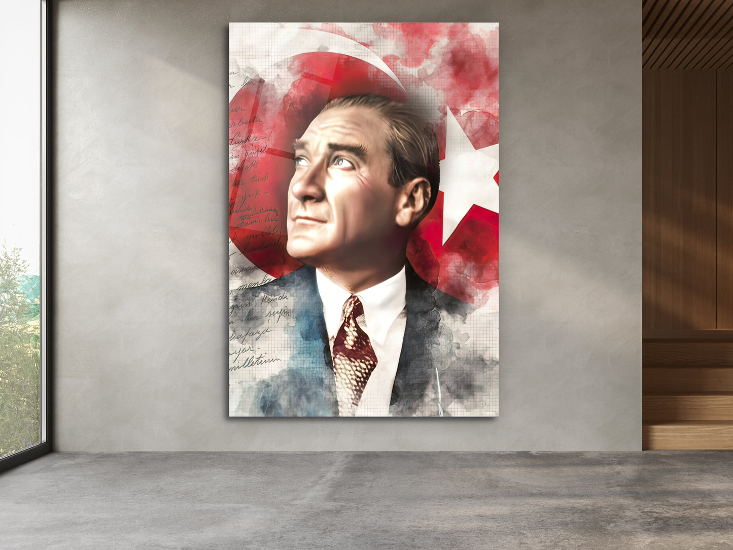 Atatürk ve Türk Bayrağı  Cam Tablo – Nostaljik Atatürk Tablosu - Modern Ev ve Ofis Dekoru