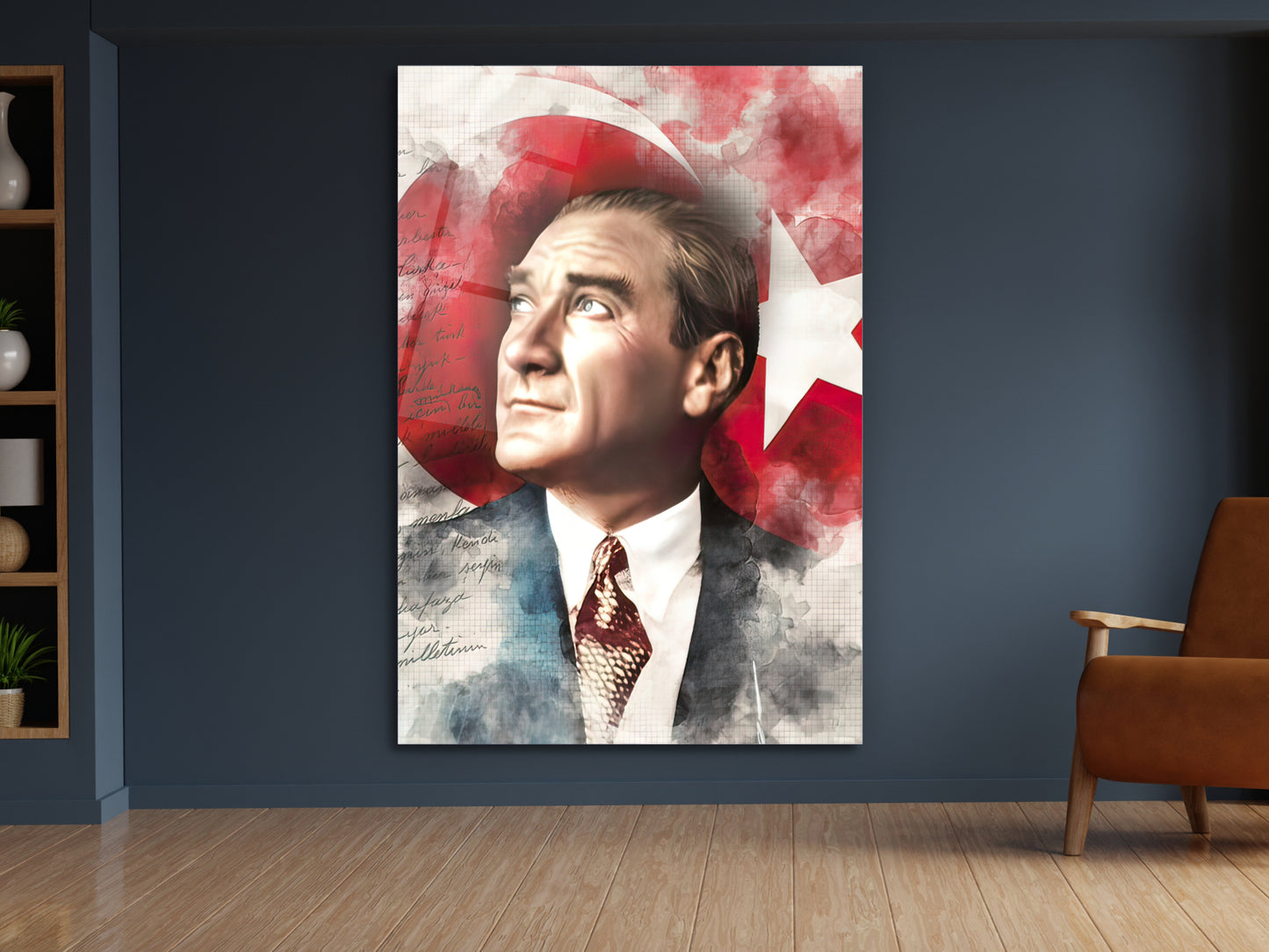 Atatürk ve Türk Bayrağı  Cam Tablo – Nostaljik Atatürk Tablosu - Modern Ev ve Ofis Dekoru
