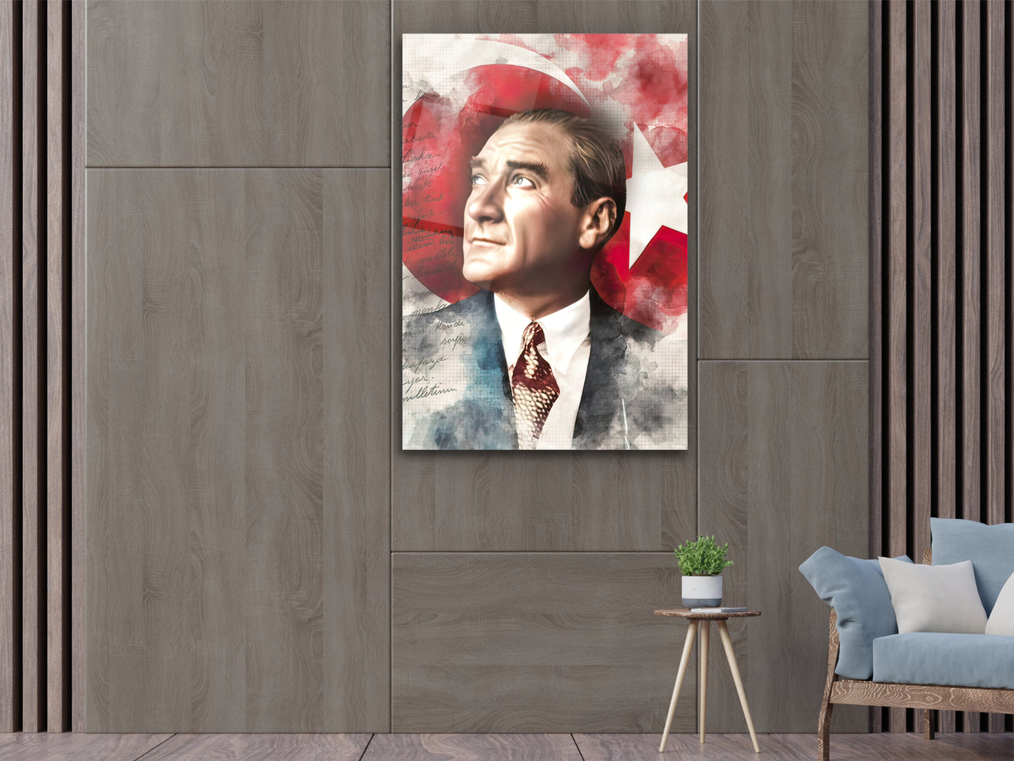 Atatürk ve Türk Bayrağı  Cam Tablo – Nostaljik Atatürk Tablosu - Modern Ev ve Ofis Dekoru