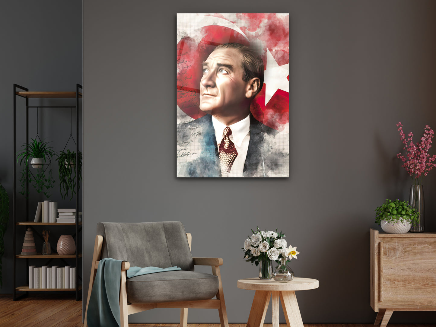 Atatürk ve Türk Bayrağı  Cam Tablo – Nostaljik Atatürk Tablosu - Modern Ev ve Ofis Dekoru