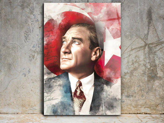 Atatürk ve Türk Bayrağı  Cam Tablo – Nostaljik Atatürk Tablosu - Modern Ev ve Ofis Dekoru