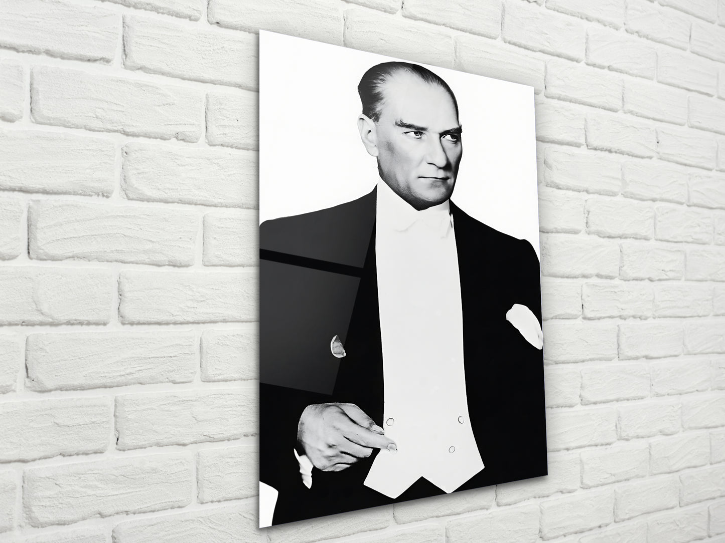Mustafa Kemal Atatürk Siyah Beyaz Portre Cam Tablo - Atatürk Tablosu - Modern Ev ve Ofis Dekoru