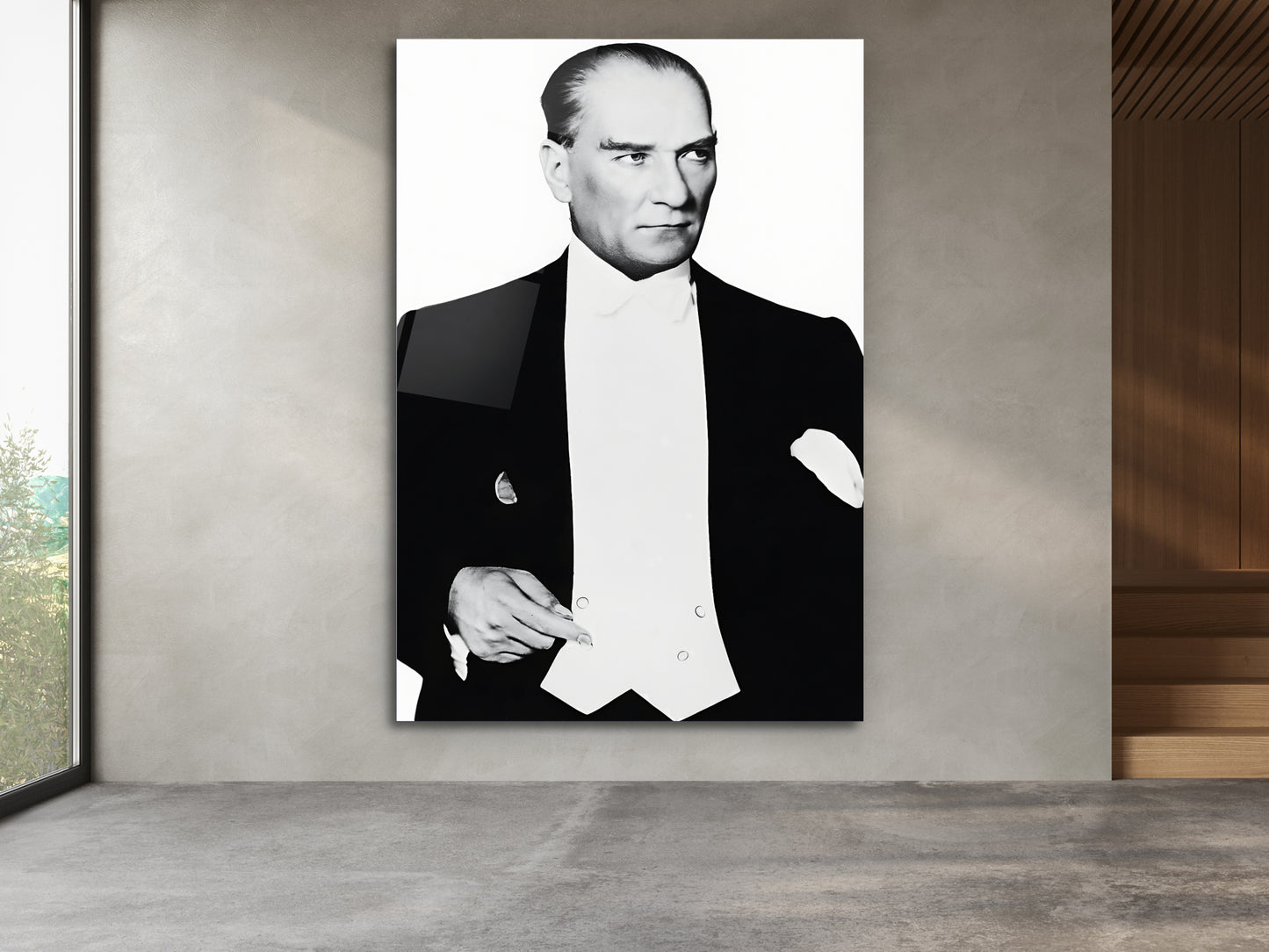 Mustafa Kemal Atatürk Siyah Beyaz Portre Cam Tablo - Atatürk Tablosu - Modern Ev ve Ofis Dekoru