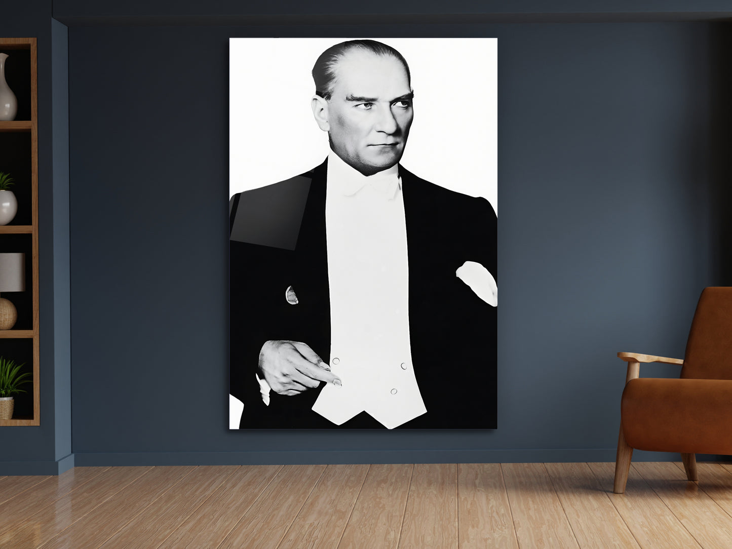 Mustafa Kemal Atatürk Siyah Beyaz Portre Cam Tablo - Atatürk Tablosu - Modern Ev ve Ofis Dekoru