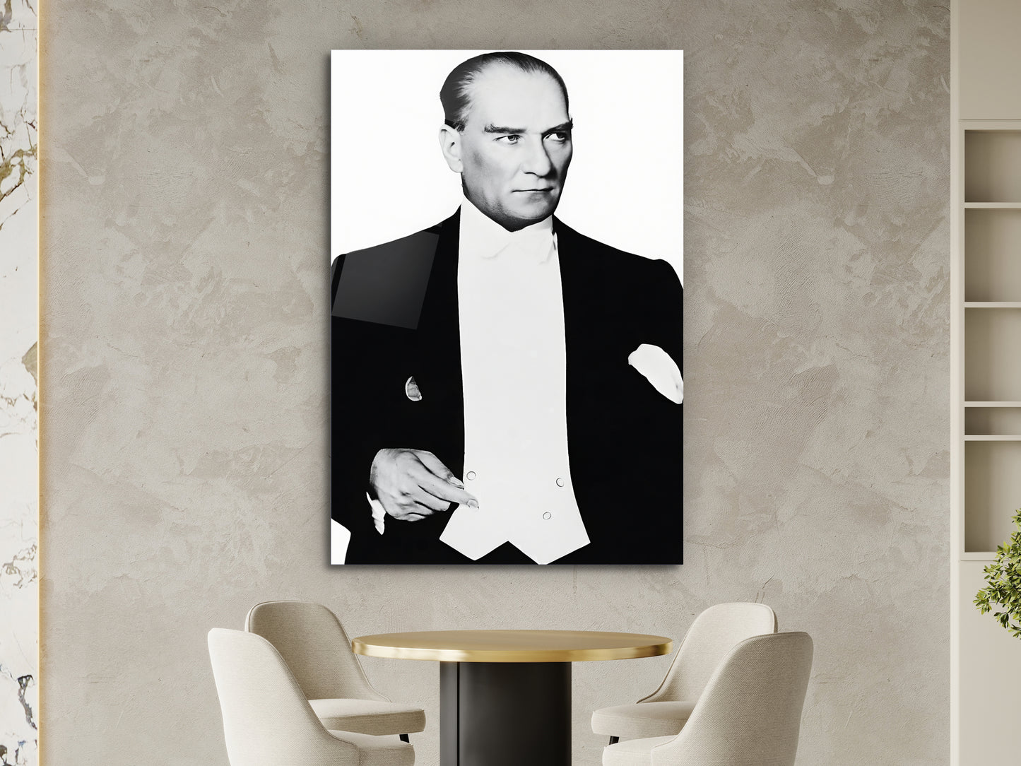 Mustafa Kemal Atatürk Siyah Beyaz Portre Cam Tablo - Atatürk Tablosu - Modern Ev ve Ofis Dekoru