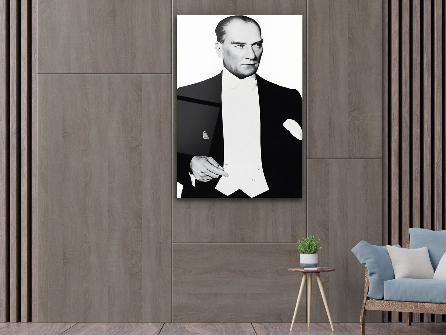 Mustafa Kemal Atatürk Siyah Beyaz Portre Cam Tablo - Atatürk Tablosu - Modern Ev ve Ofis Dekoru