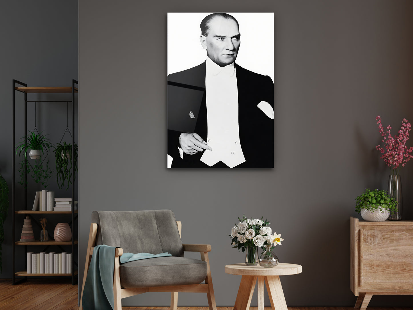 Mustafa Kemal Atatürk Siyah Beyaz Portre Cam Tablo - Atatürk Tablosu - Modern Ev ve Ofis Dekoru
