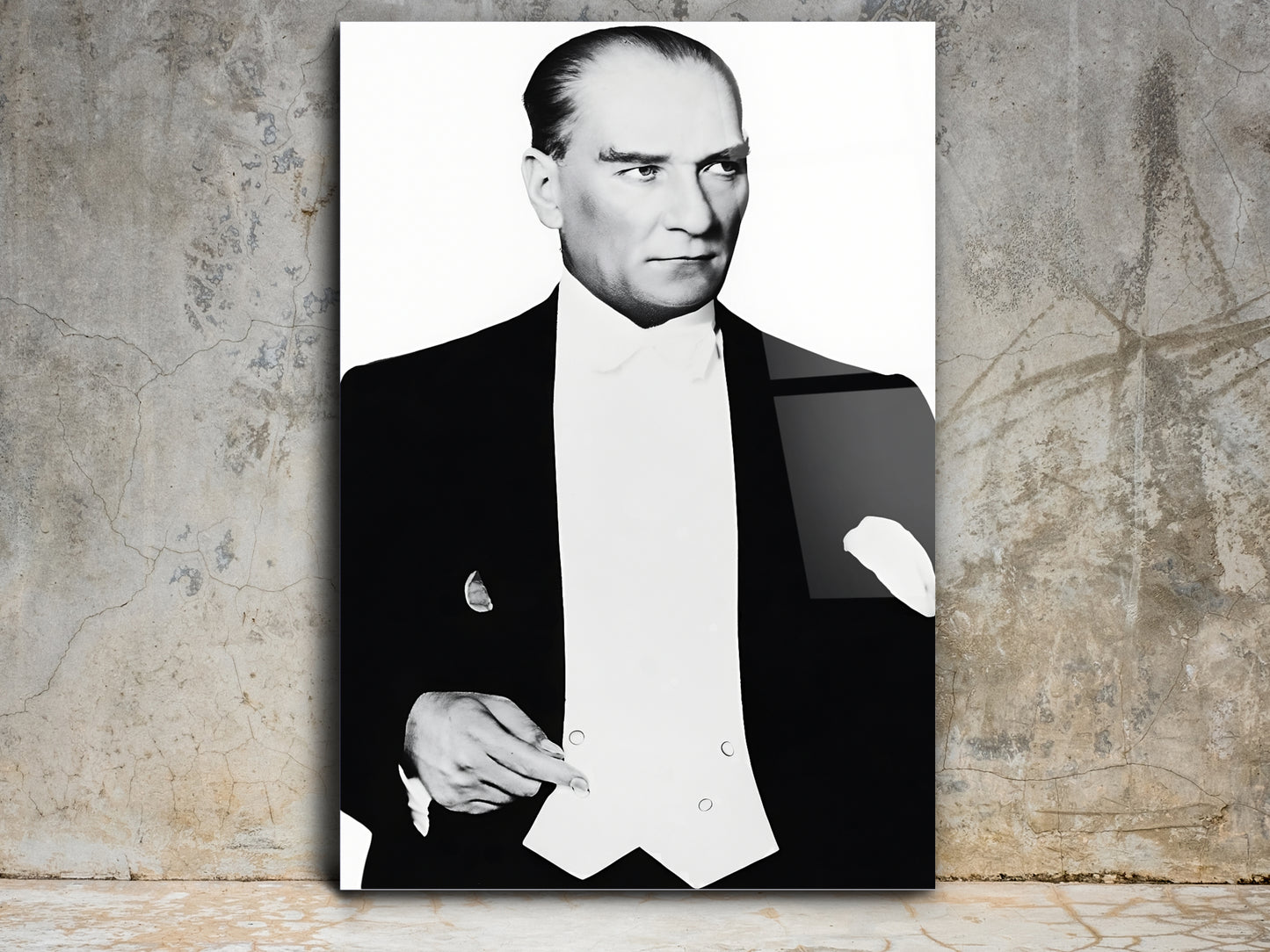 Mustafa Kemal Atatürk Siyah Beyaz Portre Cam Tablo - Atatürk Tablosu - Modern Ev ve Ofis Dekoru
