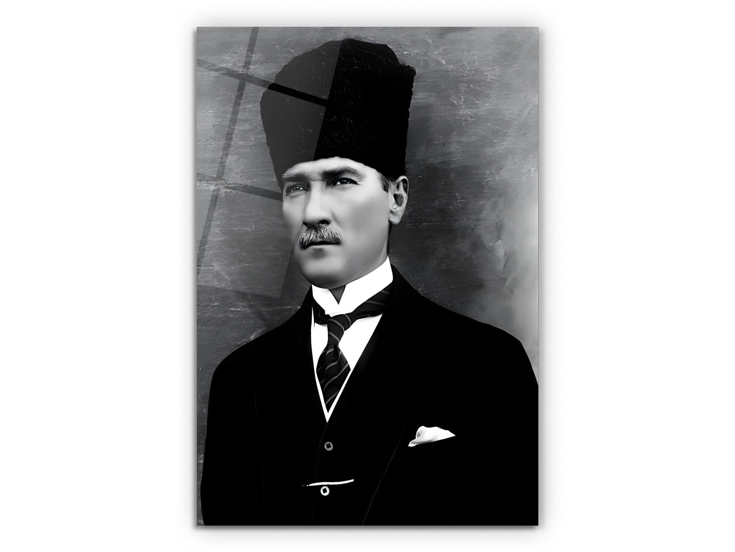 Siyah Beyaz Atatürk Portresi Cam Tablo - Atatürk Tablosu - Modern Ev ve Ofis Dekoru