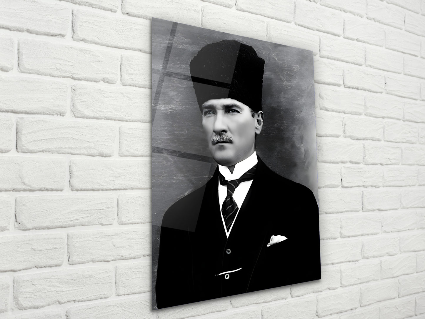 Siyah Beyaz Atatürk Portresi Cam Tablo - Atatürk Tablosu - Modern Ev ve Ofis Dekoru