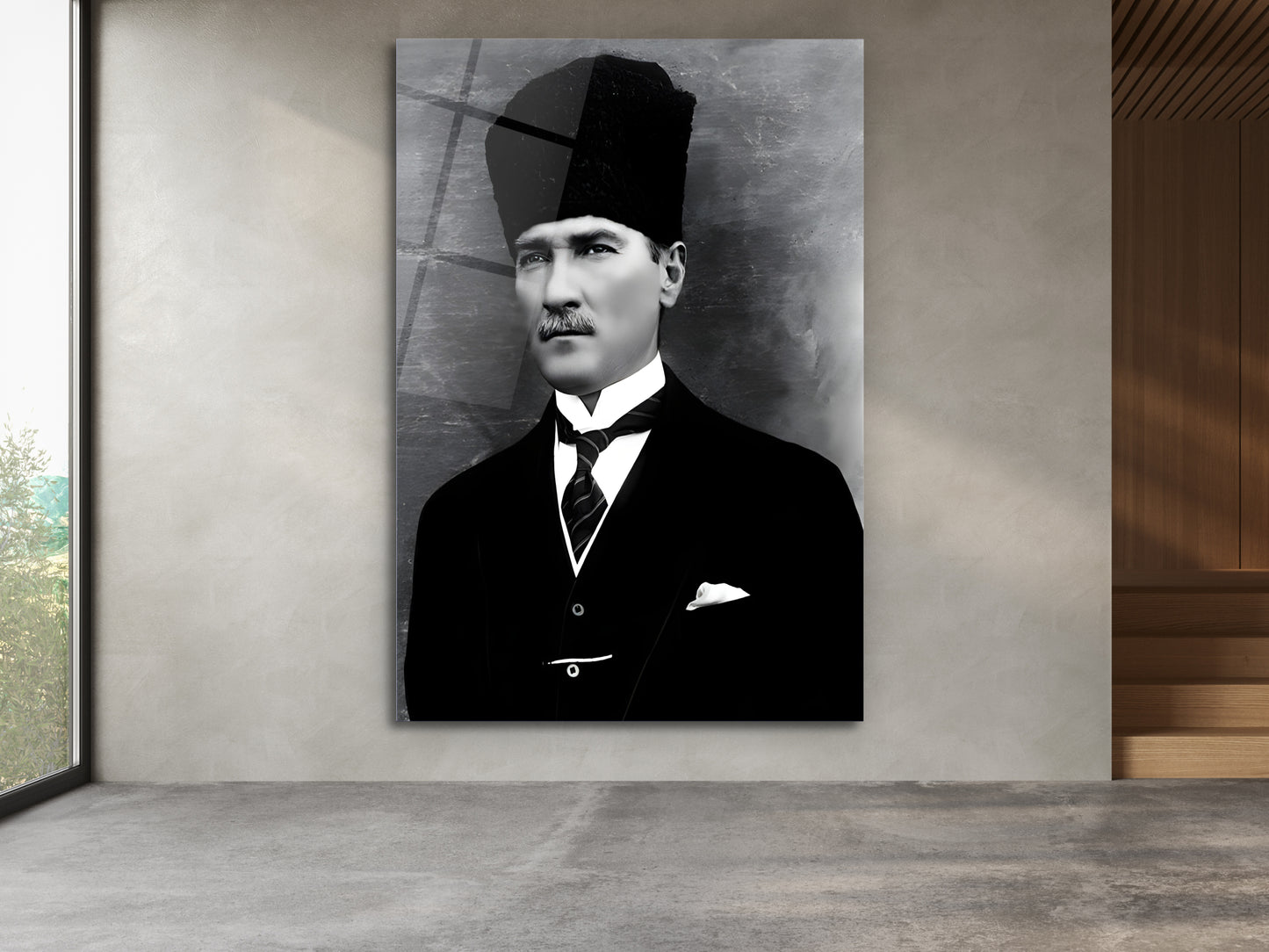 Siyah Beyaz Atatürk Portresi Cam Tablo - Atatürk Tablosu - Modern Ev ve Ofis Dekoru