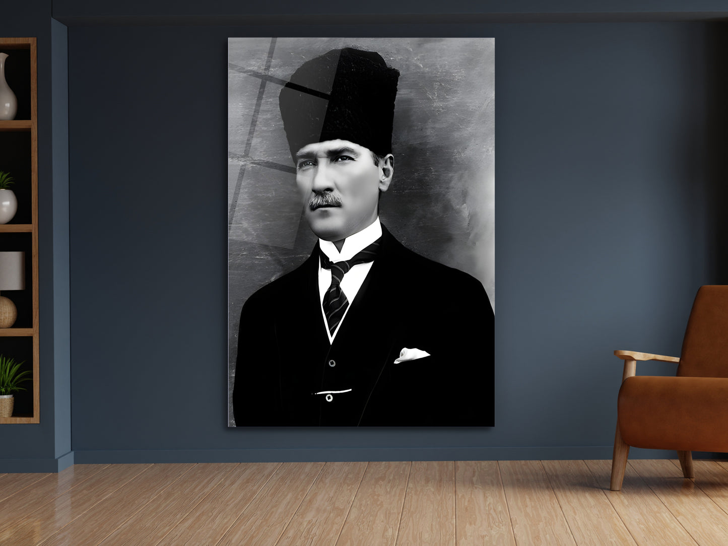Siyah Beyaz Atatürk Portresi Cam Tablo - Atatürk Tablosu - Modern Ev ve Ofis Dekoru