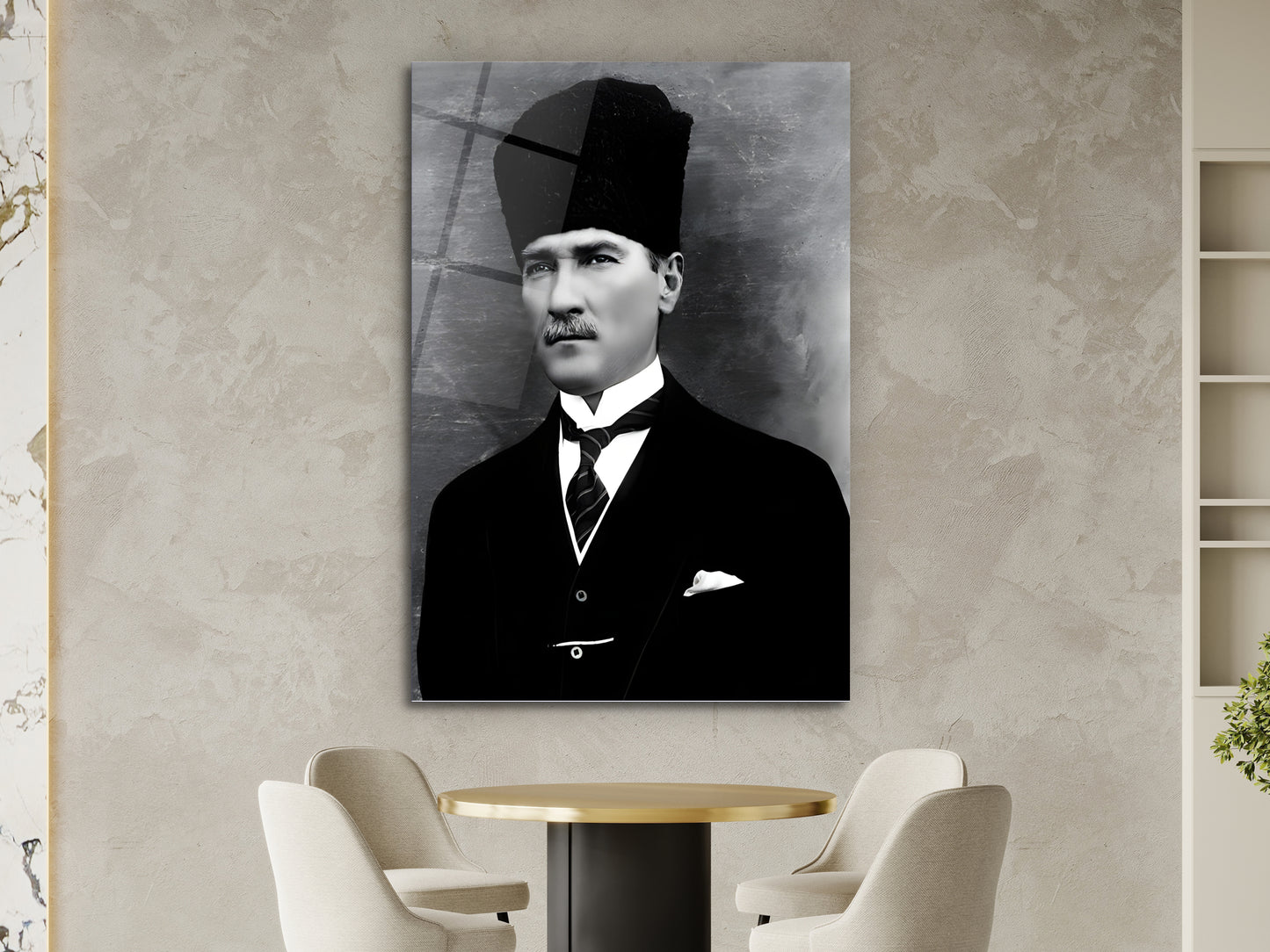 Siyah Beyaz Atatürk Portresi Cam Tablo - Atatürk Tablosu - Modern Ev ve Ofis Dekoru