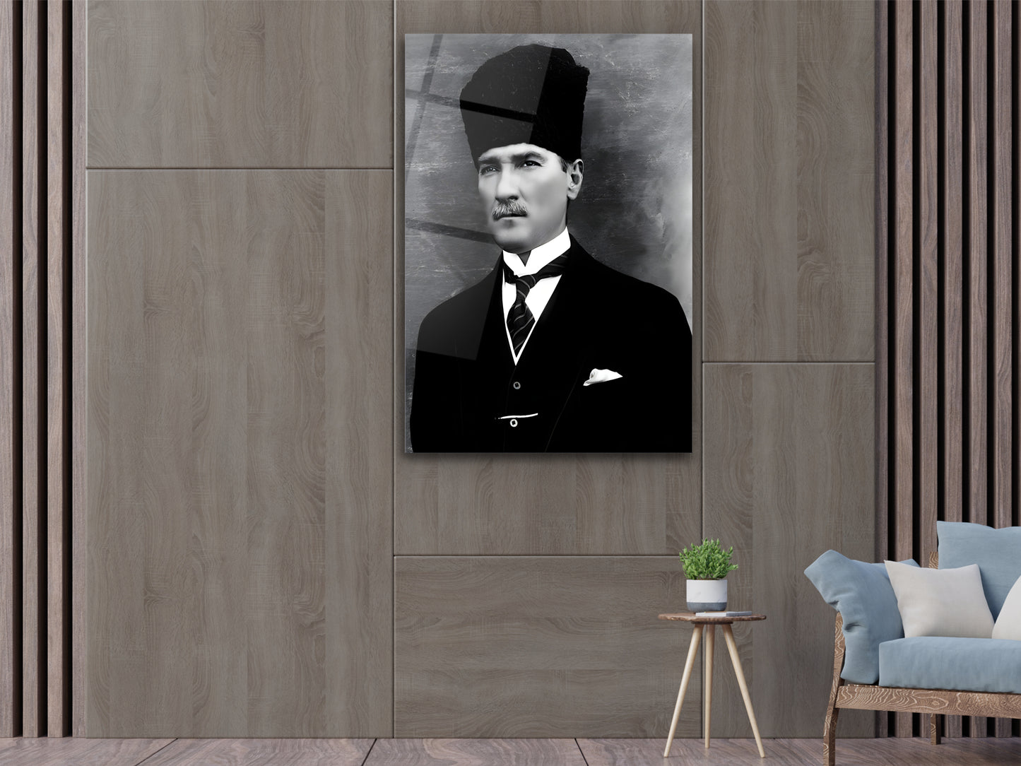 Siyah Beyaz Atatürk Portresi Cam Tablo - Atatürk Tablosu - Modern Ev ve Ofis Dekoru