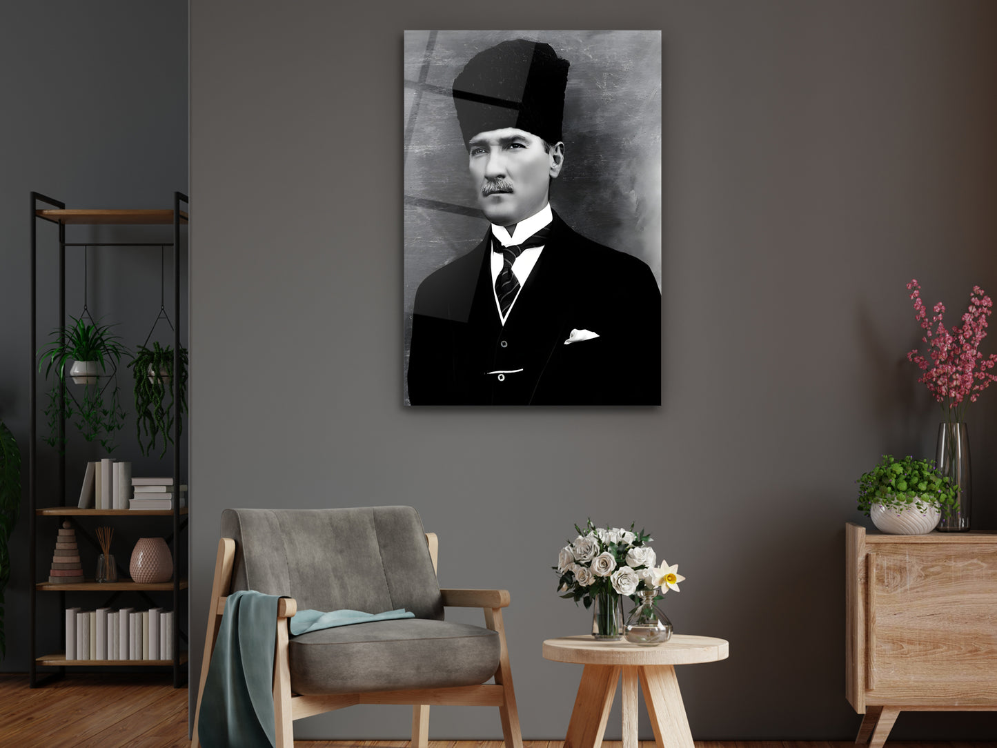 Siyah Beyaz Atatürk Portresi Cam Tablo - Atatürk Tablosu - Modern Ev ve Ofis Dekoru
