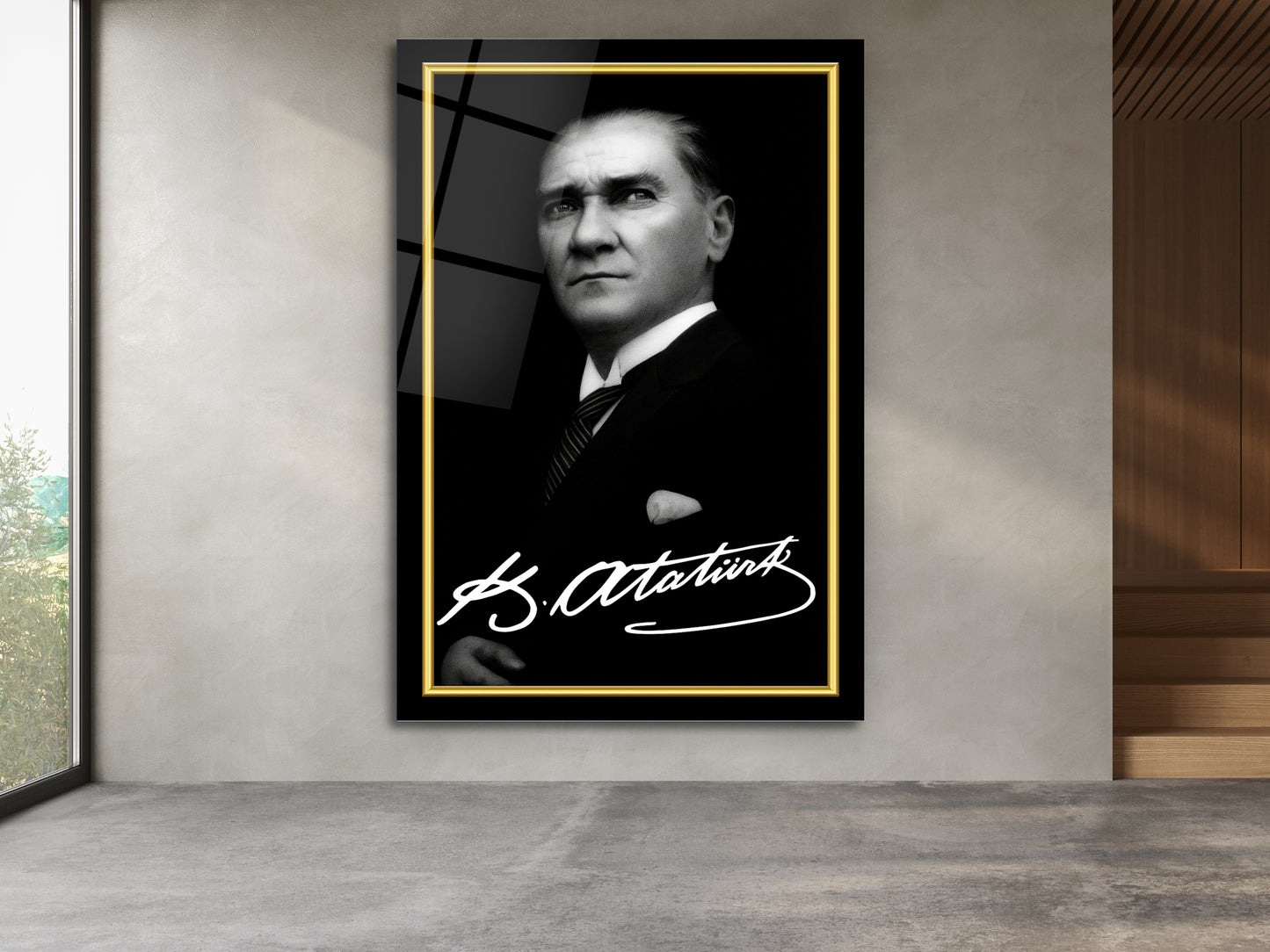 İmzalı Atatürk Portresi Cam Tablo - Atatürk Tablosu - Modern Ev ve Ofis Dekoru