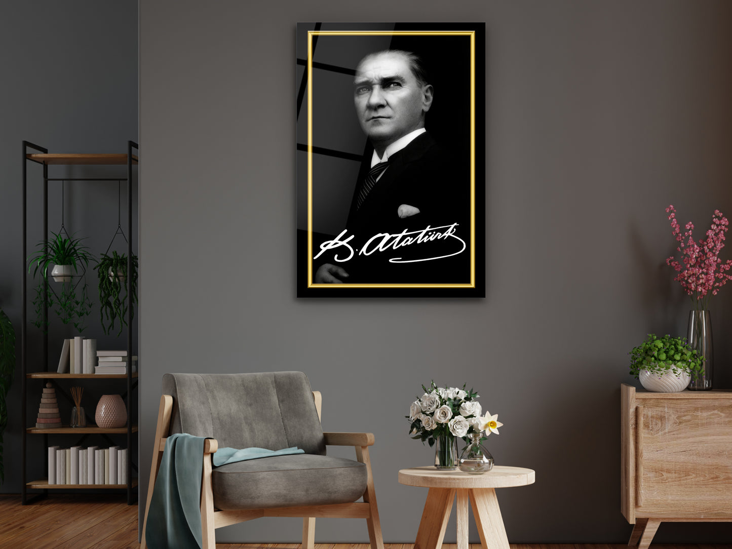 İmzalı Atatürk Portresi Cam Tablo - Atatürk Tablosu - Modern Ev ve Ofis Dekoru