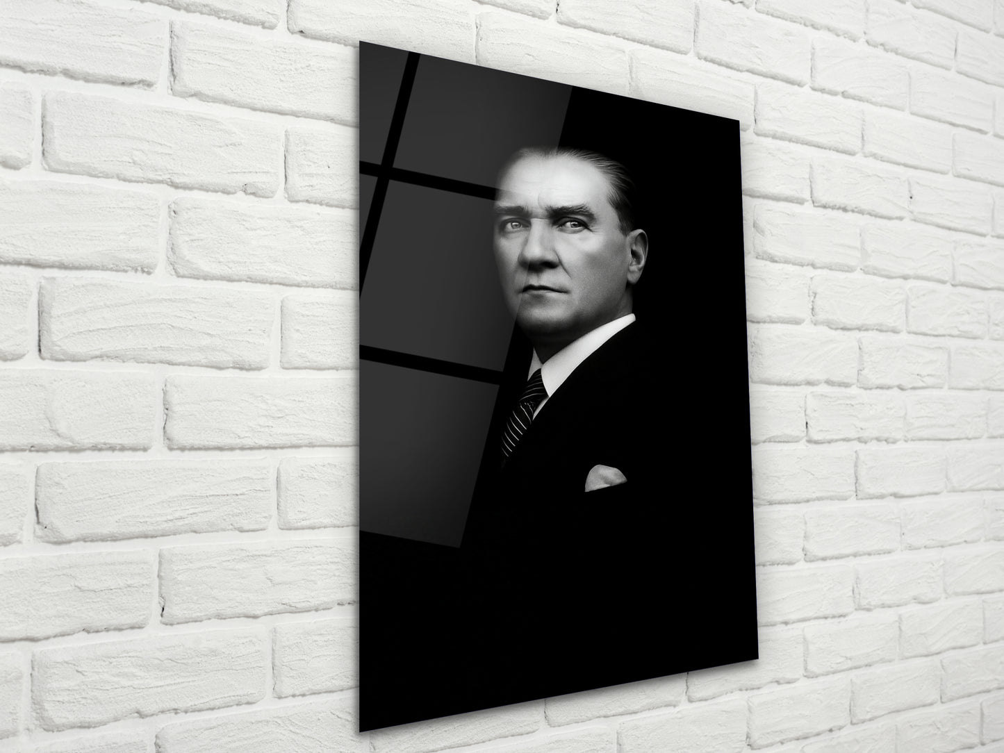 Siyah Beyaz Atatürk Portresi Cam Tablo - Atatürk Tablosu - Gazi Mustafa Kemal Ev ve Ofis Dekoru
