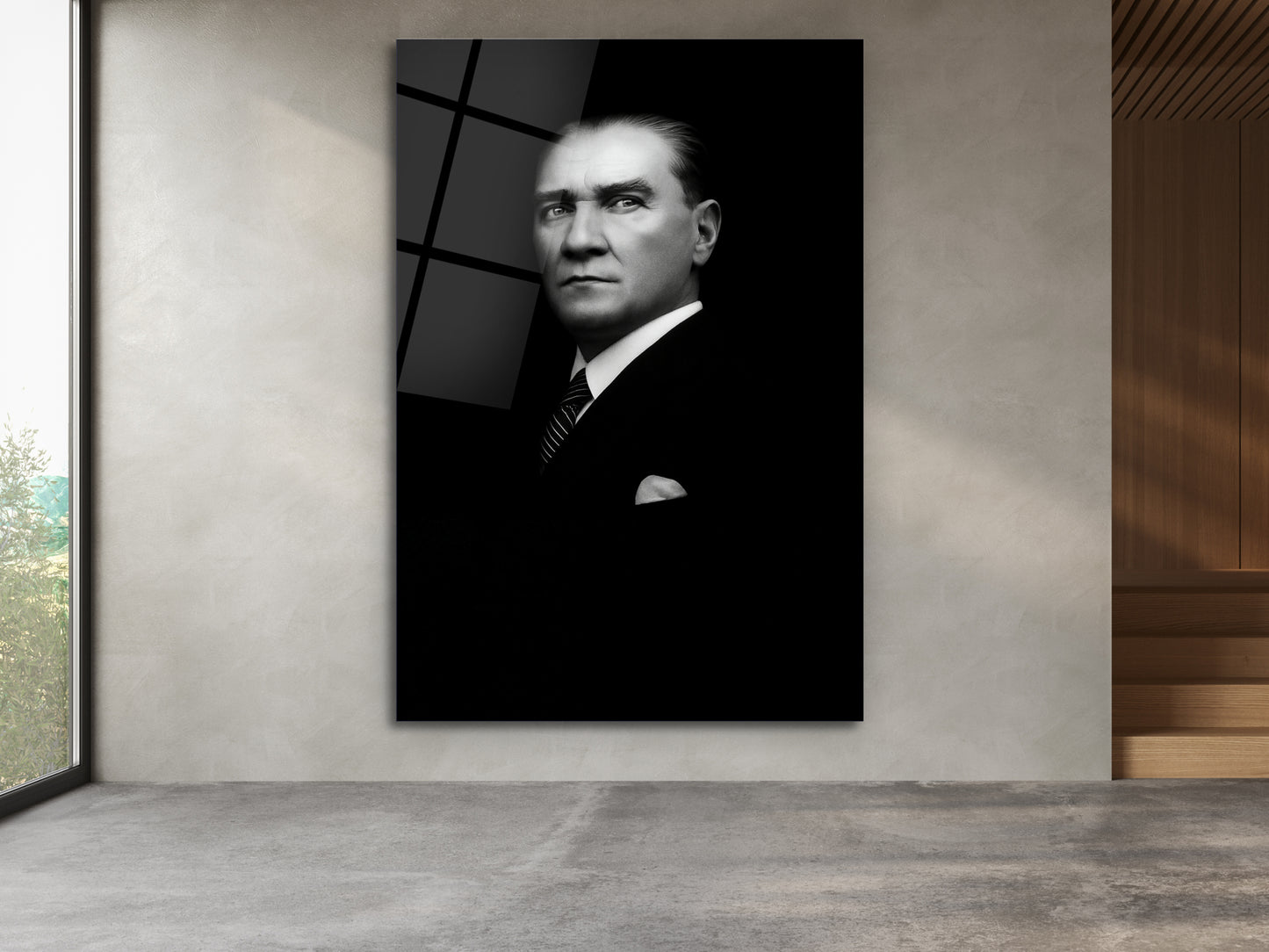 Siyah Beyaz Atatürk Portresi Cam Tablo - Atatürk Tablosu - Gazi Mustafa Kemal Ev ve Ofis Dekoru