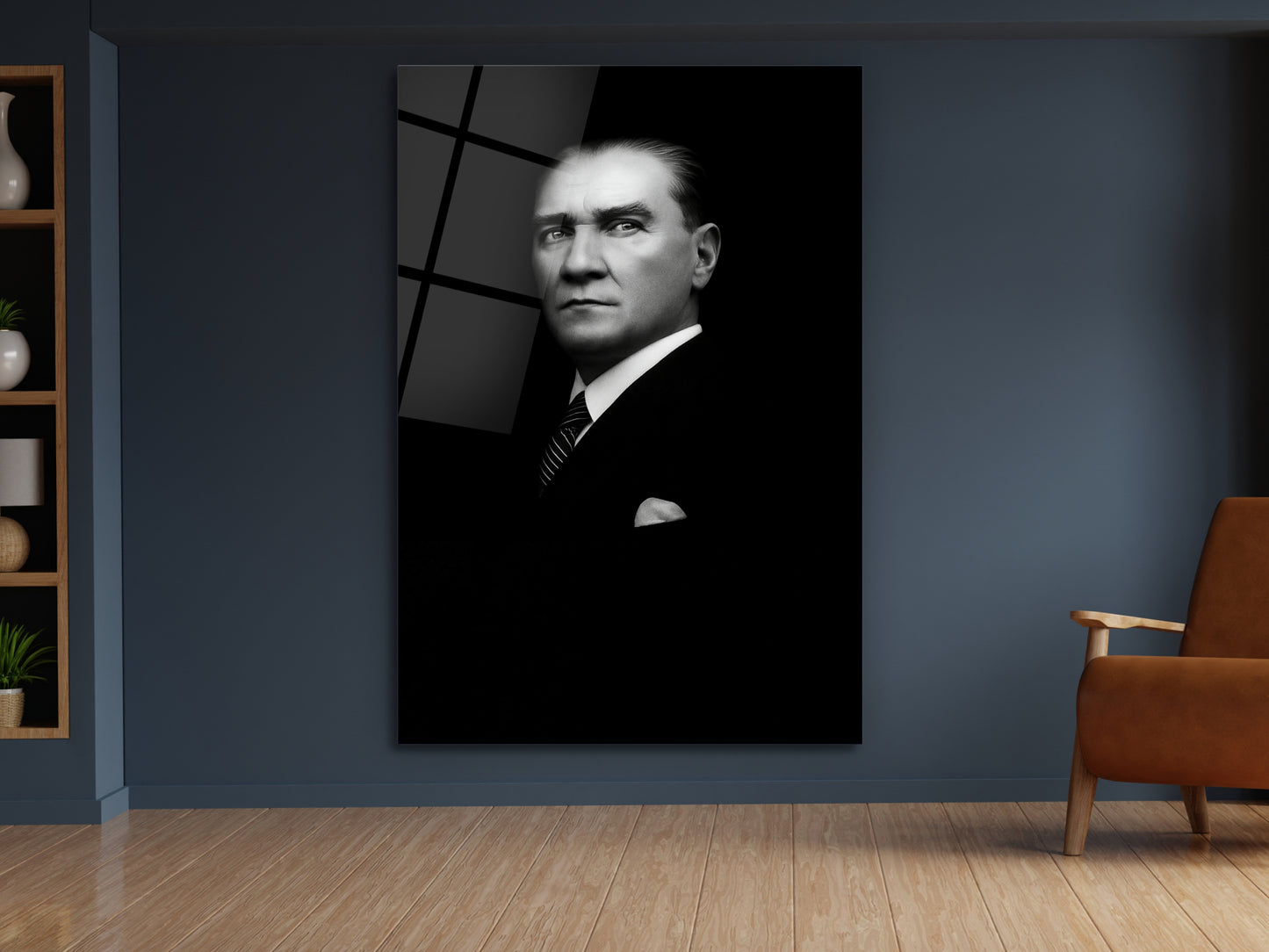 Siyah Beyaz Atatürk Portresi Cam Tablo - Atatürk Tablosu - Gazi Mustafa Kemal Ev ve Ofis Dekoru