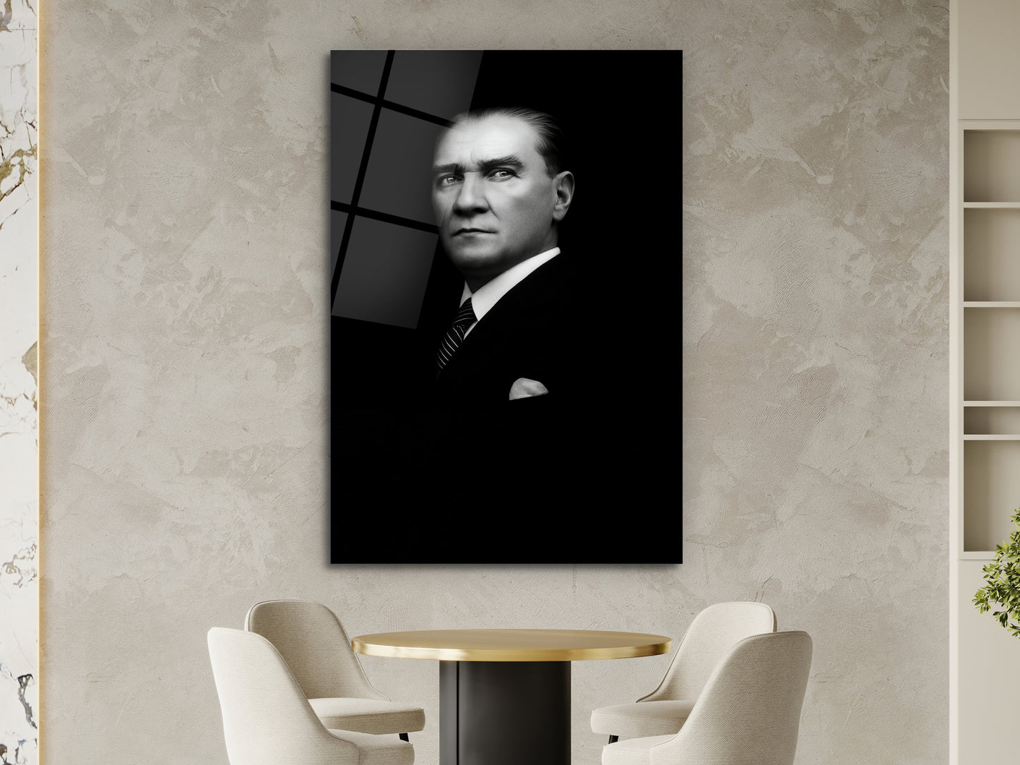 Siyah Beyaz Atatürk Portresi Cam Tablo - Atatürk Tablosu - Gazi Mustafa Kemal Ev ve Ofis Dekoru