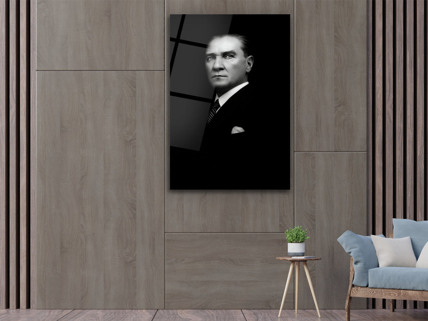 Siyah Beyaz Atatürk Portresi Cam Tablo - Atatürk Tablosu - Gazi Mustafa Kemal Ev ve Ofis Dekoru