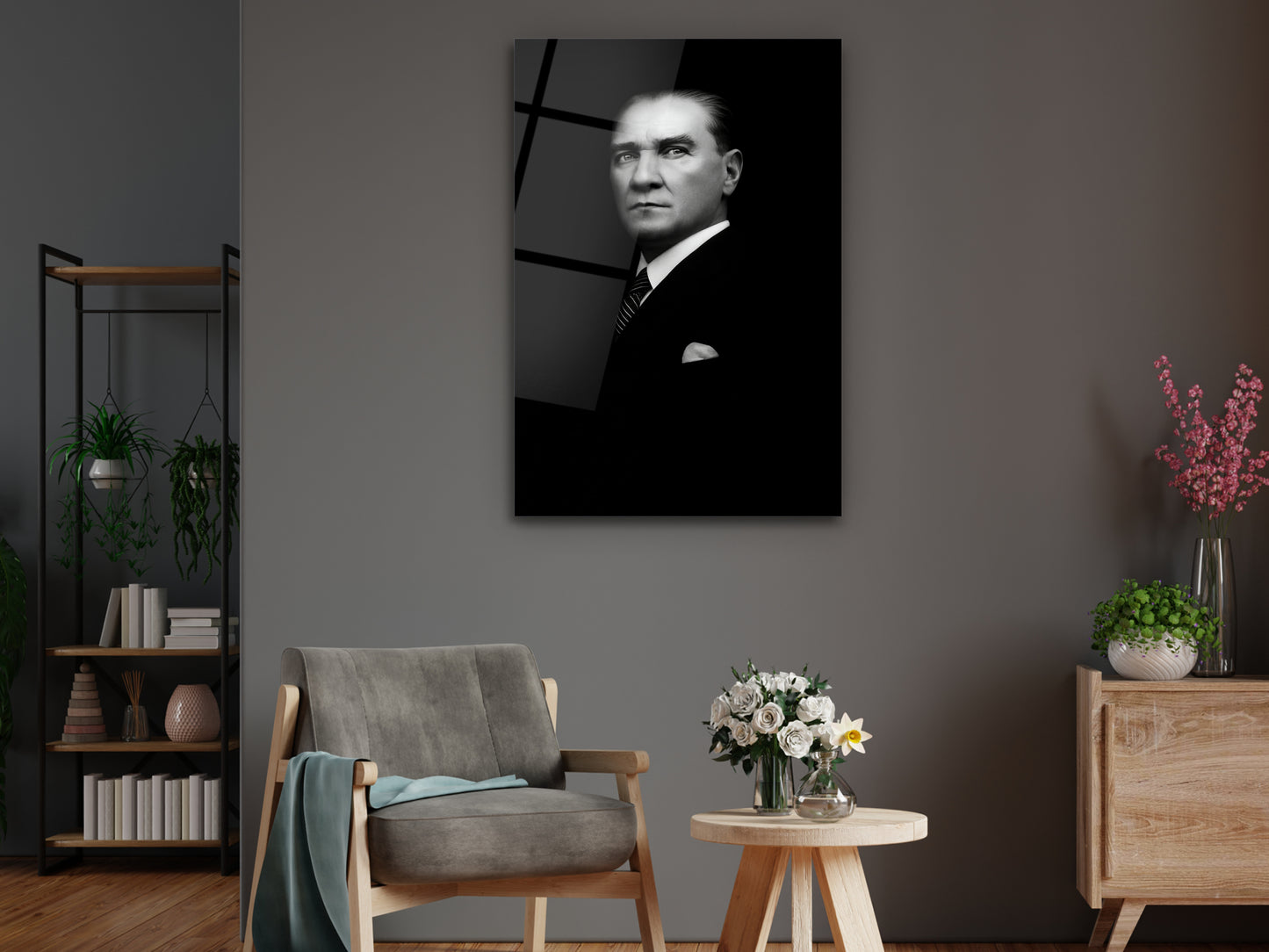 Siyah Beyaz Atatürk Portresi Cam Tablo - Atatürk Tablosu - Gazi Mustafa Kemal Ev ve Ofis Dekoru