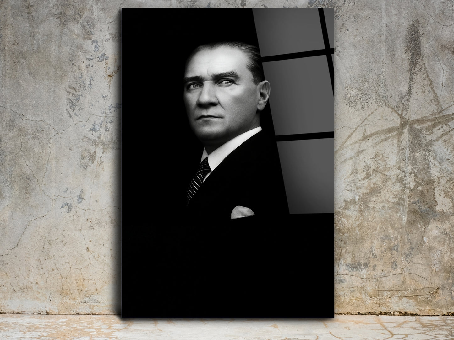 Siyah Beyaz Atatürk Portresi Cam Tablo - Atatürk Tablosu - Gazi Mustafa Kemal Ev ve Ofis Dekoru