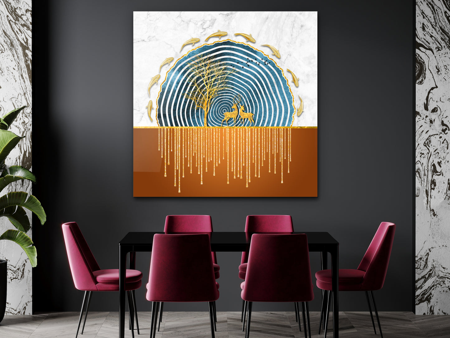 Gold Geyik ve Balık Desenli Soyut Cam Tablo – Modern Doğa Temalı Duvar Dekoru