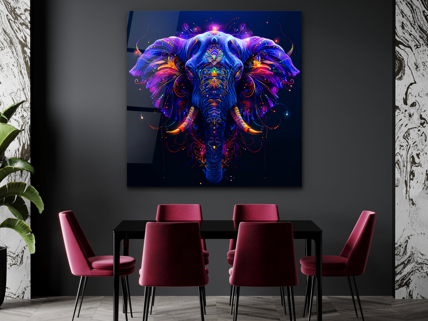 Mistik Fil Neon Renkli Soyut Cam Duvar Tablosu - Spiritüel Duvar Dekorasyonu