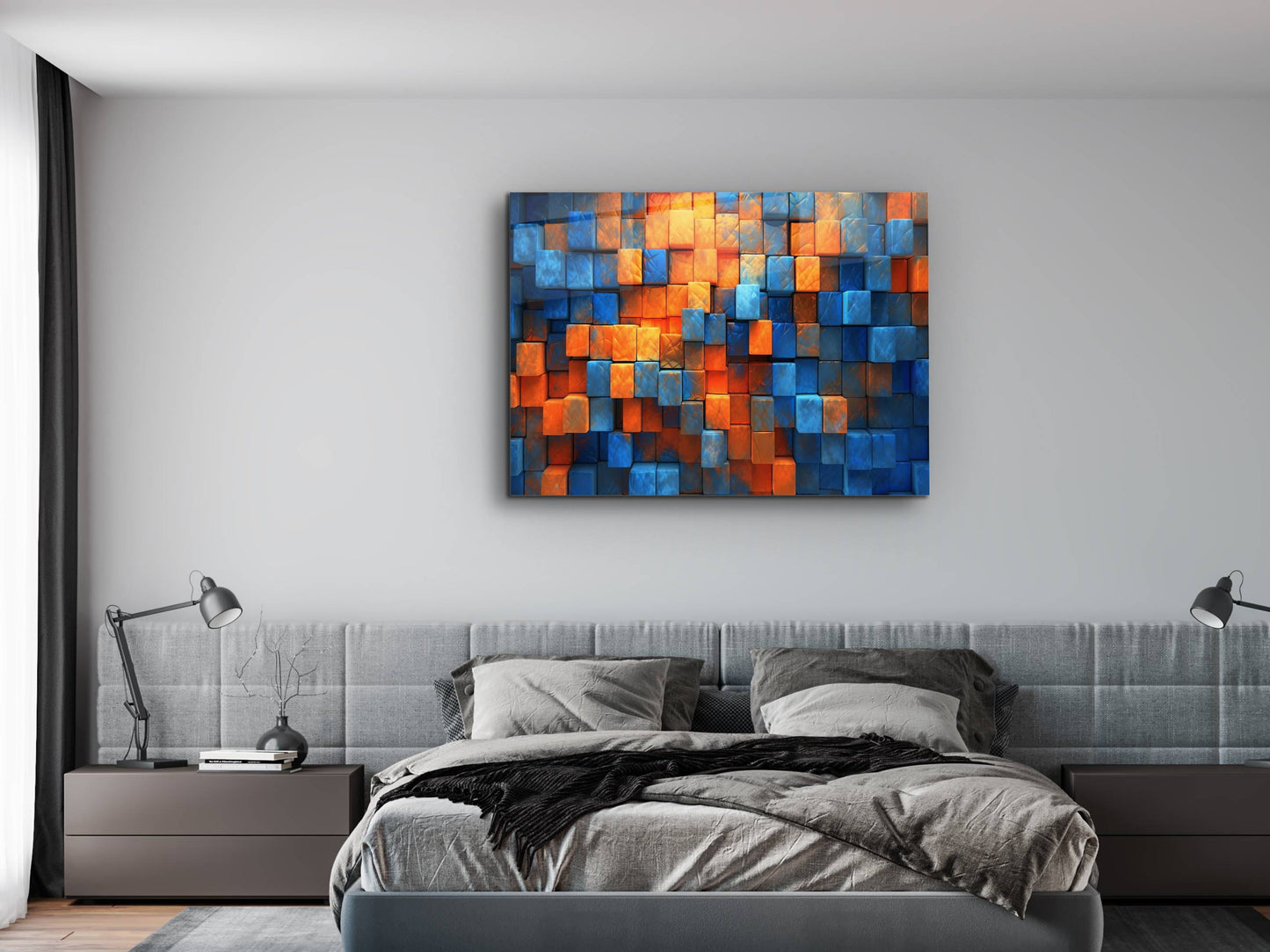 Canlı Renkli Küpler Cam Tablo – 3D Efektli Modern Geometrik Duvar Dekoru