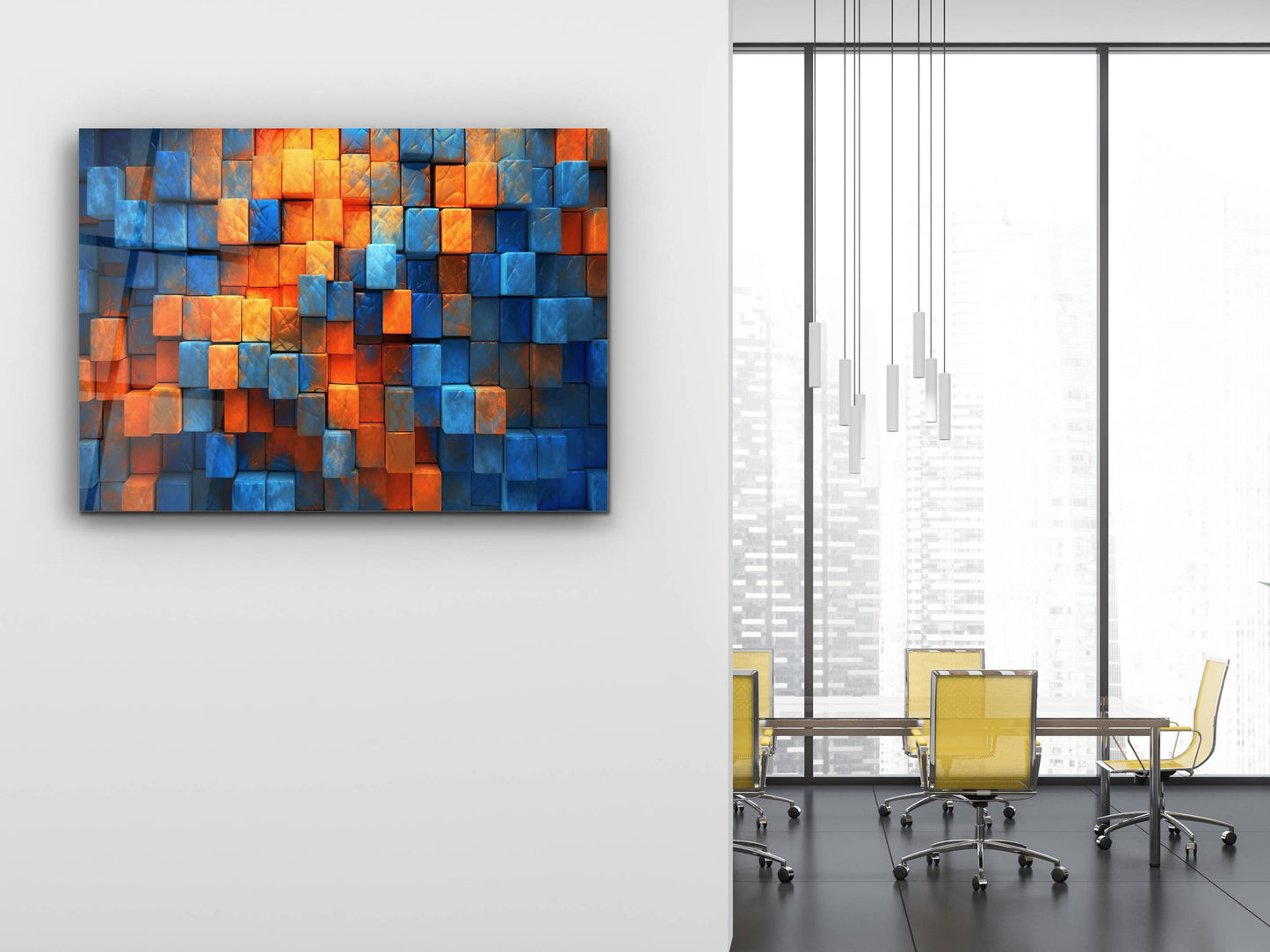 Canlı Renkli Küpler Cam Tablo – 3D Efektli Modern Geometrik Duvar Dekoru