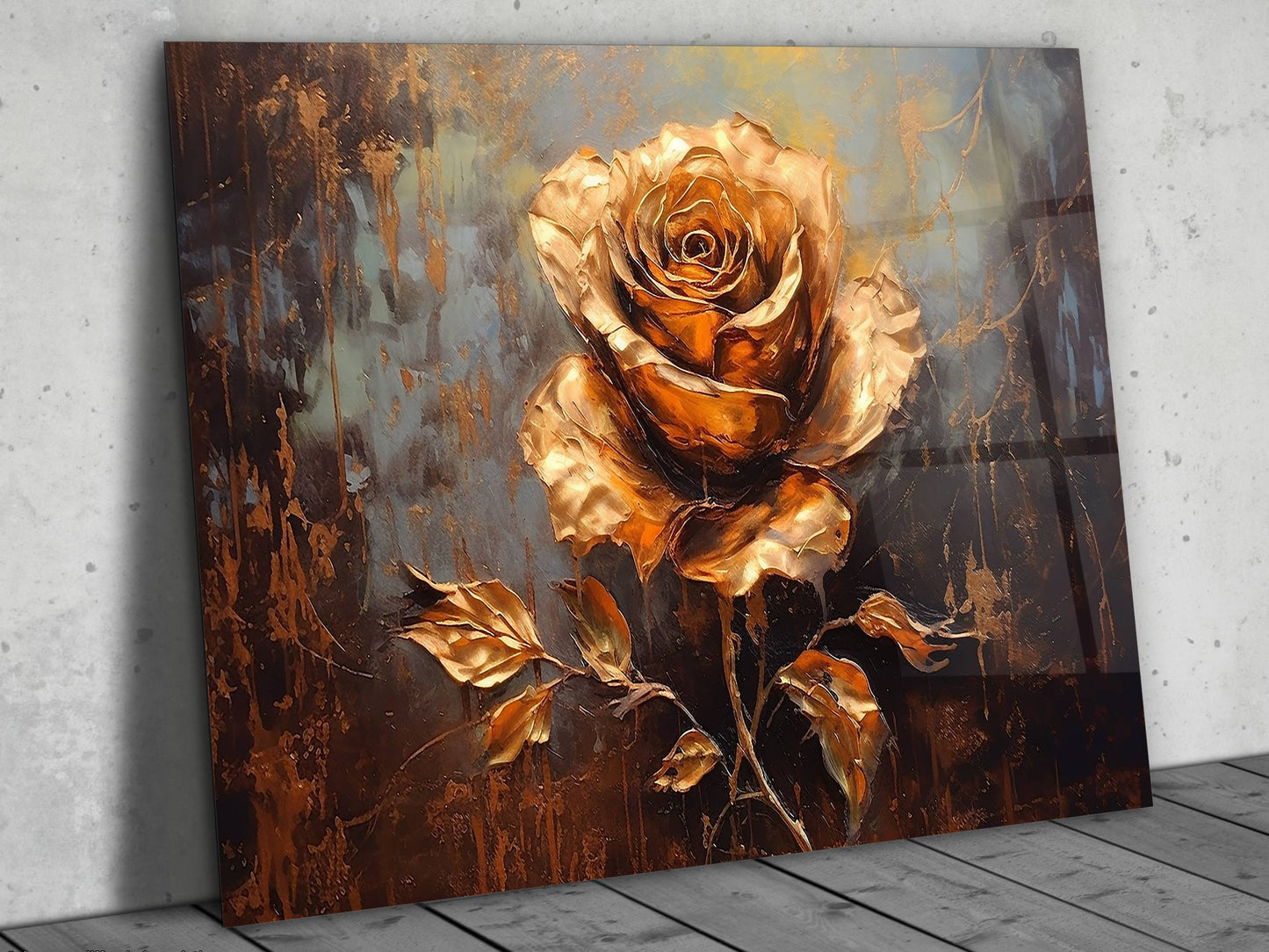Gold Gül Cam Tablo - Dekoratif Tablo
