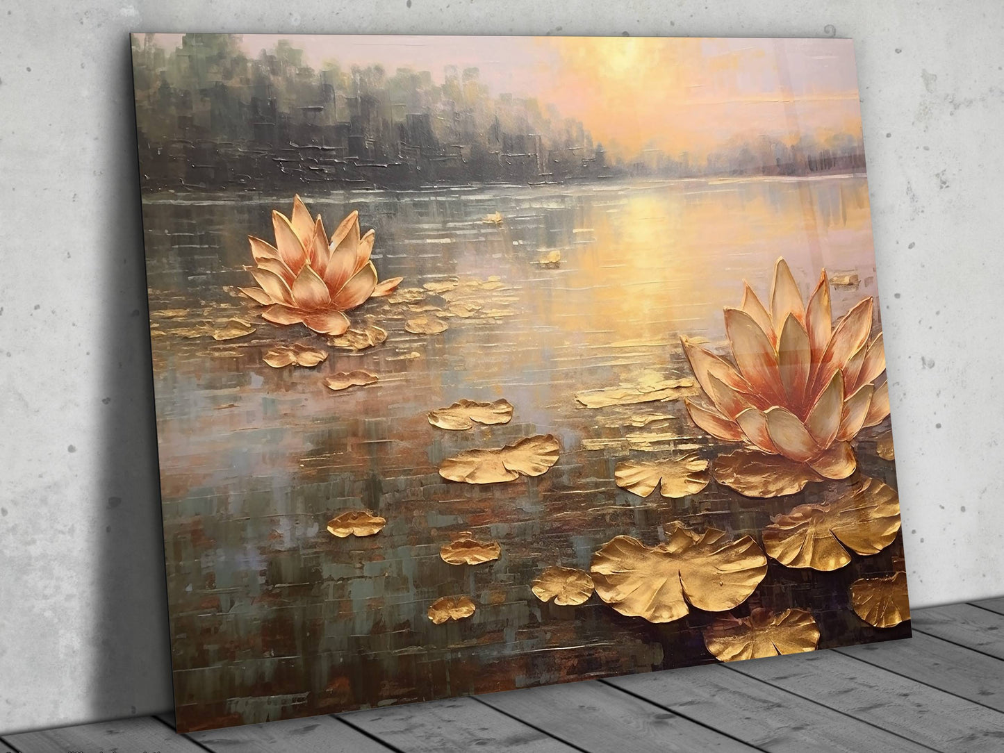 Gold Lotus Cam Tablo - Dekoratif Tablo