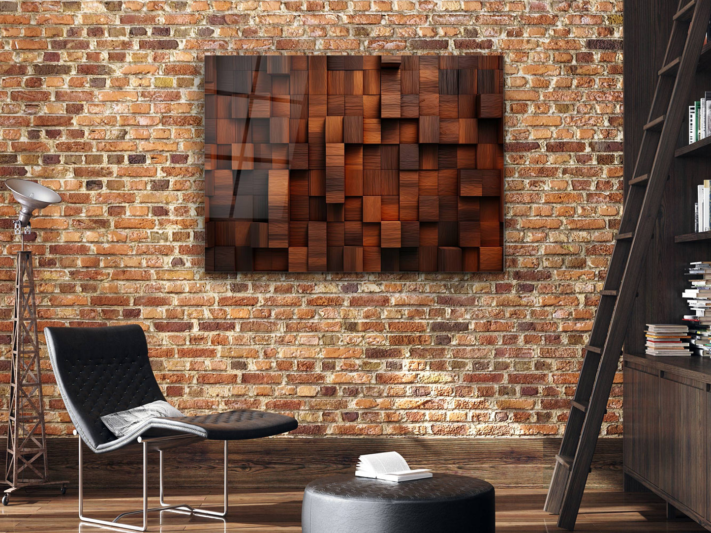 3D Efektli Renkli Ahşap Desenli Cam Tablo - Kahverengi Modern Geometrik Duvar Dekoru