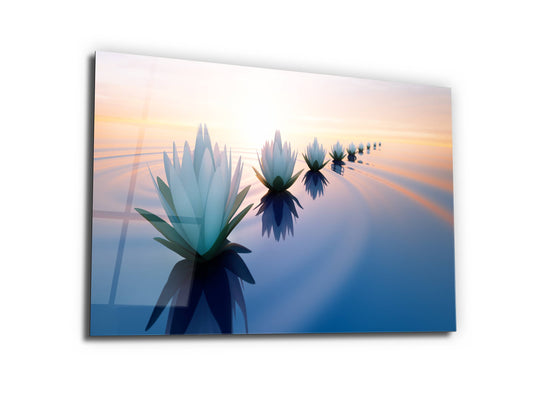 Minimalist Lotus Temalı Cam Duvar Tablosu – Lotus Çiçekli Dekoratif Ev ve Ofis Tablosu