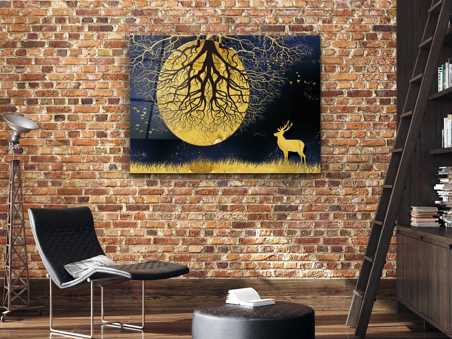 Ay ve Gece Manzaralı Gold Ağaç Tablosu – Modern Ev Dekorasyonu Cam Tablo