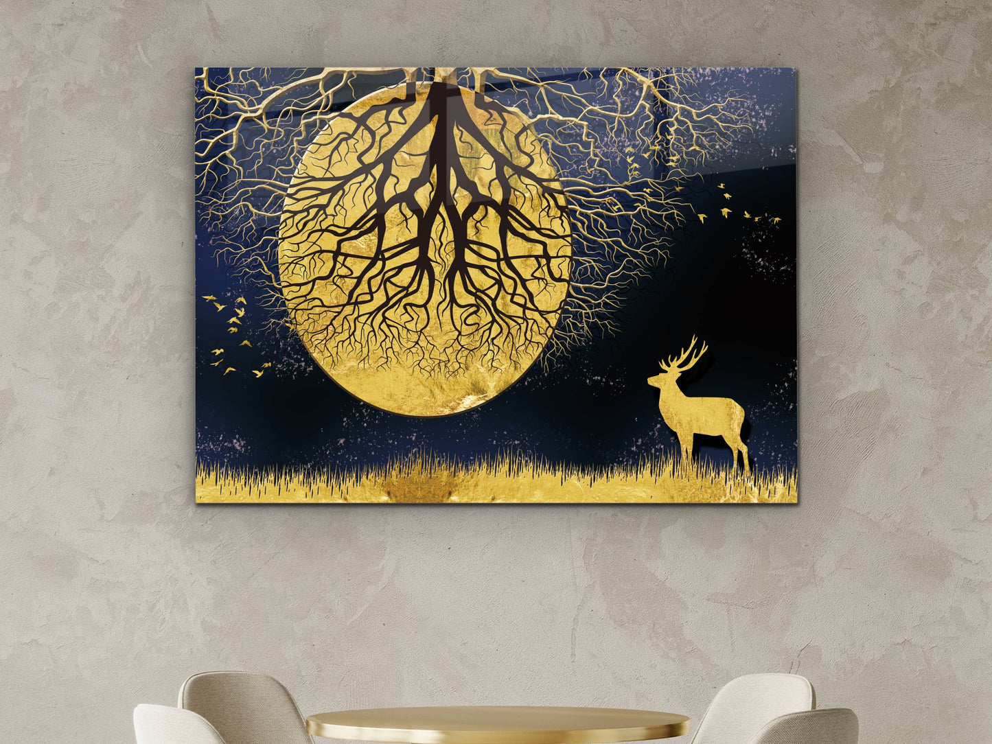 Ay ve Gece Manzaralı Gold Ağaç Tablosu – Modern Ev Dekorasyonu Cam Tablo