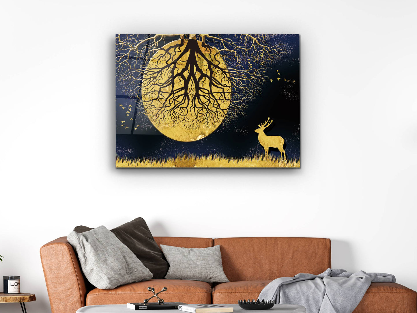Ay ve Gece Manzaralı Gold Ağaç Tablosu – Modern Ev Dekorasyonu Cam Tablo