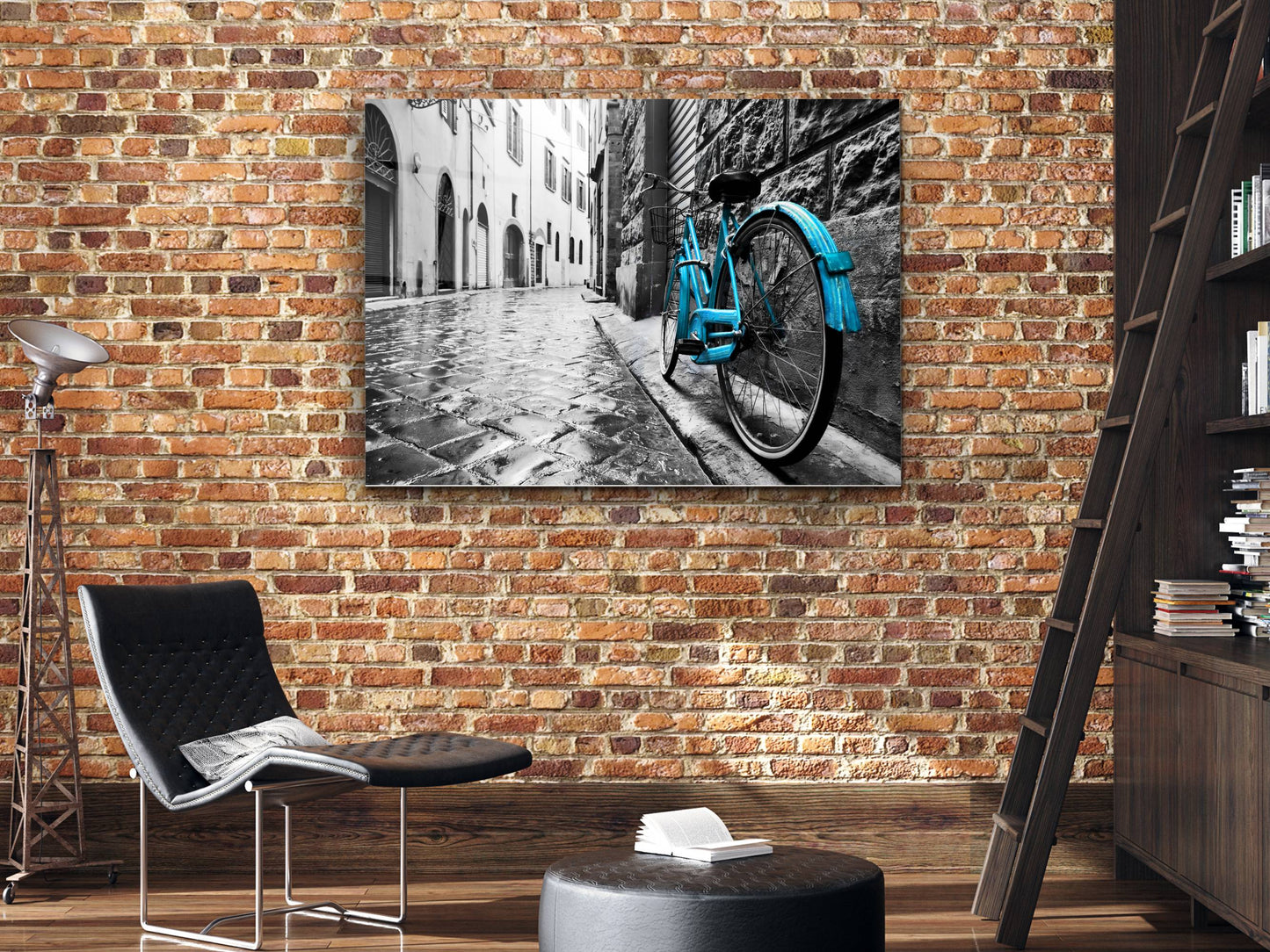 Mavi Retro Bisiklet Cam Tablosu – Soyut ve Modern Dekoratif Ev ve Ofis Tablosu