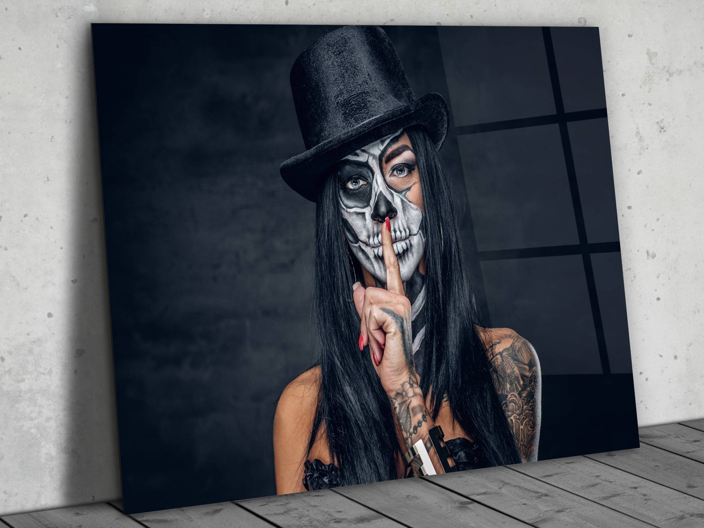 Gotik Tarz Portre Cam Tablo – Modern Dekoratif Ev ve Ofis Tablosu - İskelet Makyajlı Kadın