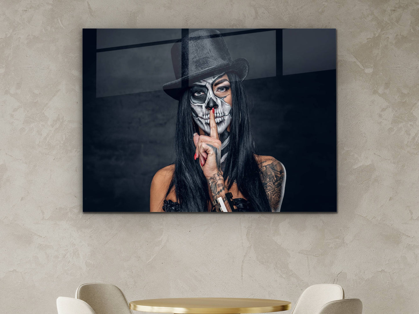Gotik Tarz Portre Cam Tablo – Modern Dekoratif Ev ve Ofis Tablosu - İskelet Makyajlı Kadın